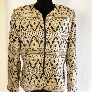 Adrianna Papell Silk Jacket Grecian Pattern Navy